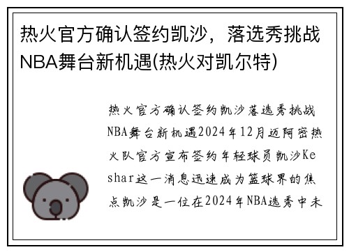 热火官方确认签约凯沙，落选秀挑战NBA舞台新机遇(热火对凯尔特)